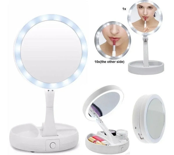 Espejo de Maquillaje Plegable con Luz LED y Aumento 10x