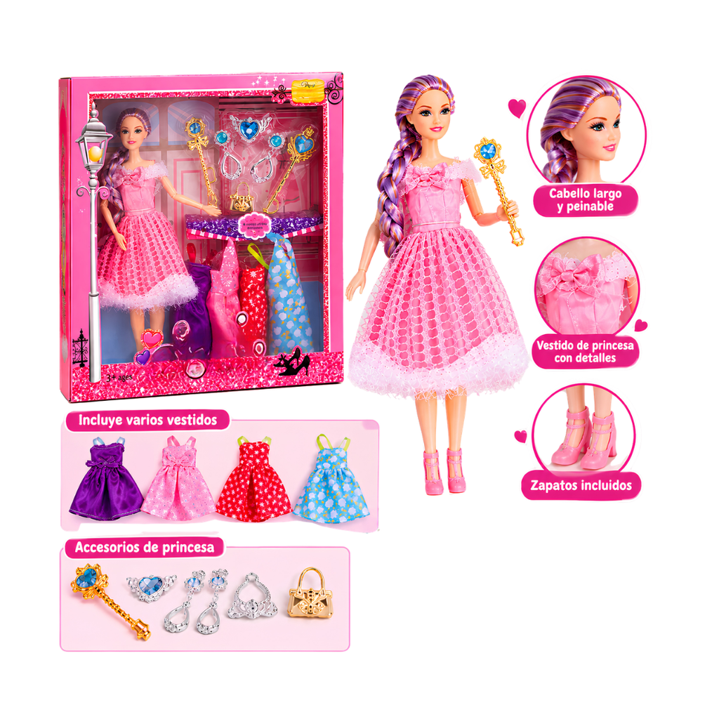 Set Muñeca Princesa con 5 Vestidos y Tiaras